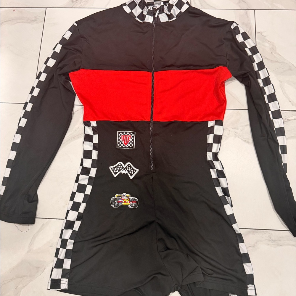 SHEIN Black Red Checkered Racing Jumpsuit